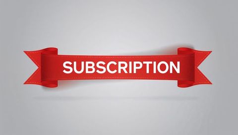 Red subscription ribbon banner with stitched folded tails and shadow