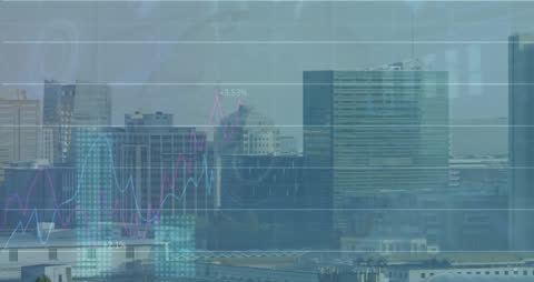 Data Analytics Over Cityscape Representing Global Business Trends