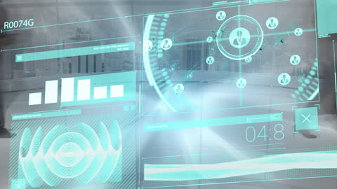 Futuristic Data Processing Animation Overlaid on Business Scene