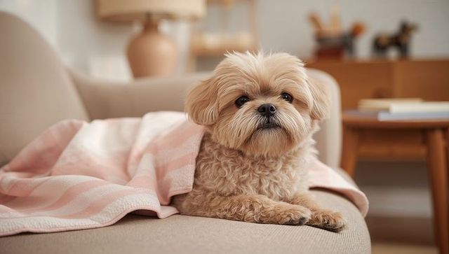 Small fluffy tan dog lounging on beige sofa with pink blanket in cozy neutral living room