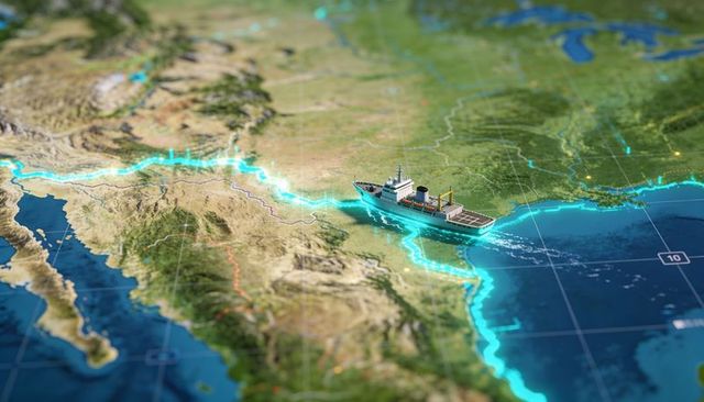 Cargo ship navigating glowing turquoise shipping route on 3d coastal map with gridlines