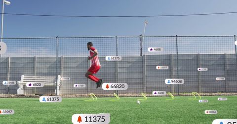 Athlete Performing Jumping Drills on Soccer Field With Notifications