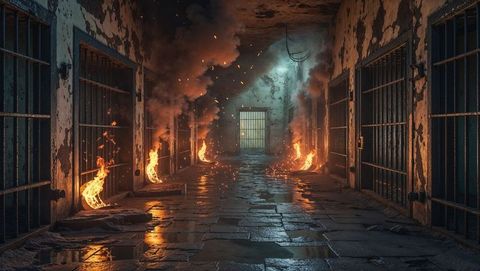 Abandoned hell prison corridor engulfed in flames and decay