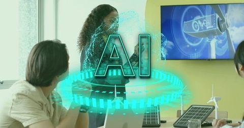 Futuristic Office Team Using AI in Eco-Friendly Projects