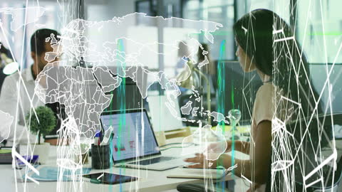 Business professional works at laptop in modern office, superimposed by global connection network and world map. Ideal for illustrating concepts of global communication, digitalization and international business. Use in presentations, websites, or articles exploring technology impact on global business practices.