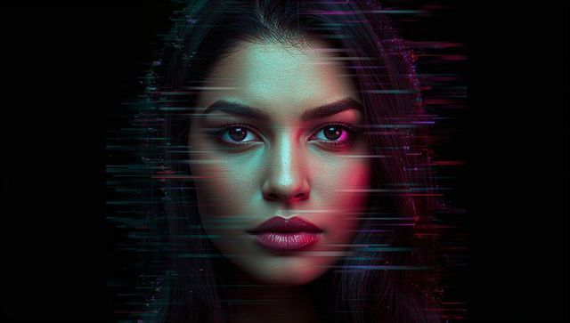 Hispanic woman with neon glitch effect