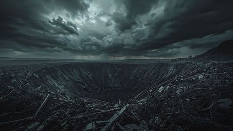 Massive airstrikes impact crater in apocalyptic wasteland