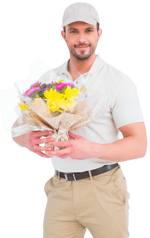Smiling Flower Delivery Man Holding Colorful Bouquets on Transparent Background