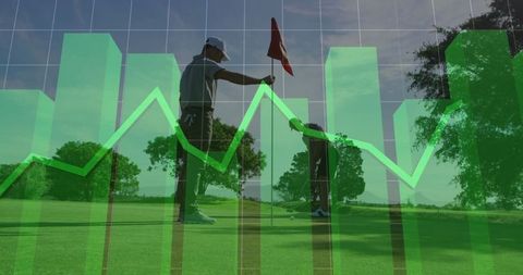 Golfers Analyzing Green with Financial Data Chart Overlay