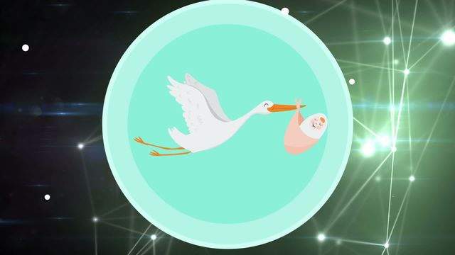 This animated video depicts a stork carrying a baby in its beak over an abstract network of connections on a black background. The background features a glowing, digital-style design, emphasizing themes of birth and modernity. This video is ideal for use in presentations, marketing materials, or websites related to birth announcements, motherhood, digital health, or technology in parenting.