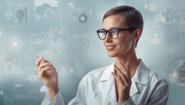 Female scientist interacting with futuristic holographic interface in clinical laboratory