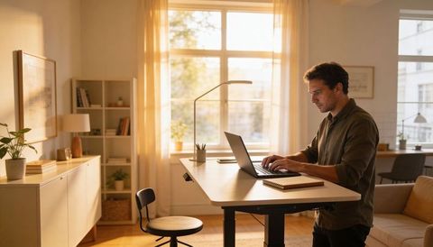 Man working at standing desk in sunlit home office with laptop and notebook