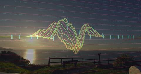 Colorful Waveform Overlay Against Scenic Lakeside Sunset