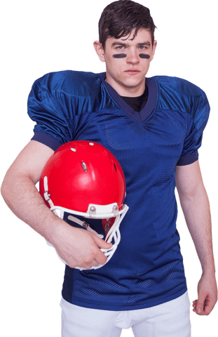 Transparent portrait of confident american football player holding helmet