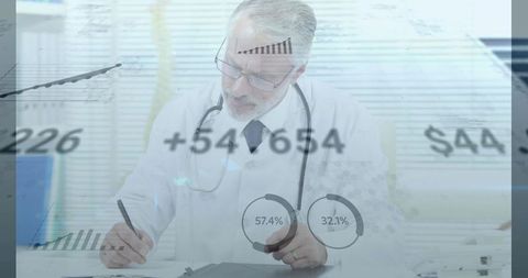 Physician reviewing patient records with healthcare analytics and financial charts