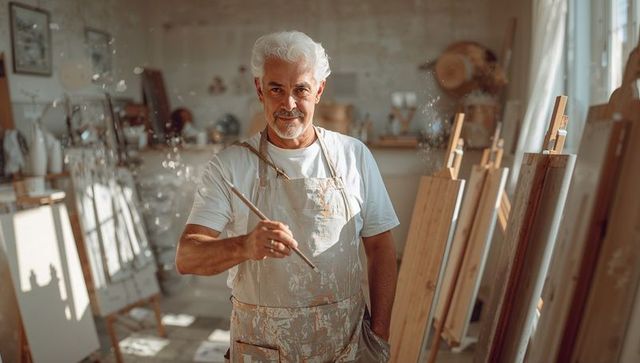 Senior Artist Holding Paintbrush in Sunlit Art Studio