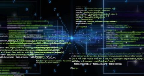 Neon Code Stream Across Cyber Network with Glowing Nodes and Holographic Dataflow Grid