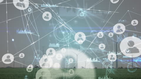 Networking Connections Overlay with Wind Turbines Symbolizing Green Energy