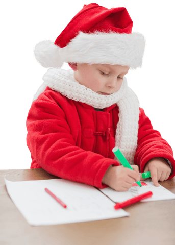 Child in santa hat drawing on transparent background