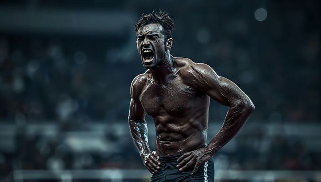 Roaring muscular sprinter showing intensity and sweat under stadium lights at night