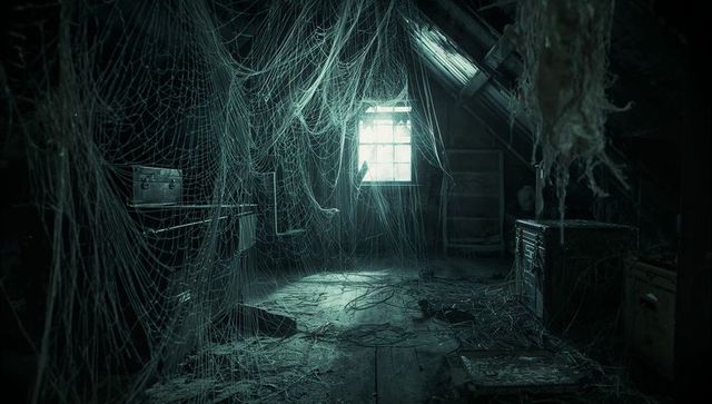 Atmospheric attic with cobwebs and antique trunks