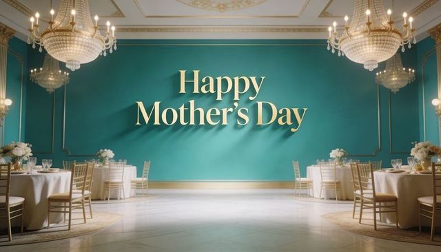 Elegant gold 3d happy mother's day lettering on teal banquet hall with crystal chandeliers