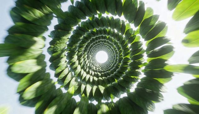 Spiraling green leaf vortex creating concentric radial pattern drawing gaze to bright sky