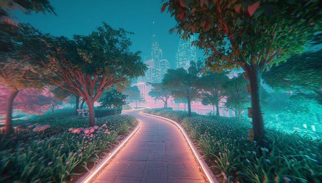 Futuristic Neon-Lit Pathway in Urban Park at Dusk