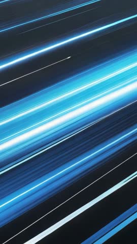 Diagonal blue light streaks racing across dark backdrop, futuristic vertical motion for tech promos