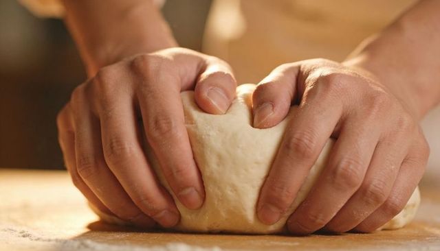 Hands Kneading Dough on Floured Wooden Board Closeup Breadmaking and Baking Texture