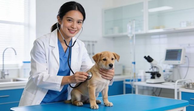 Smiling veterinarian examining puppy with stethoscope in modern veterinary clinic
