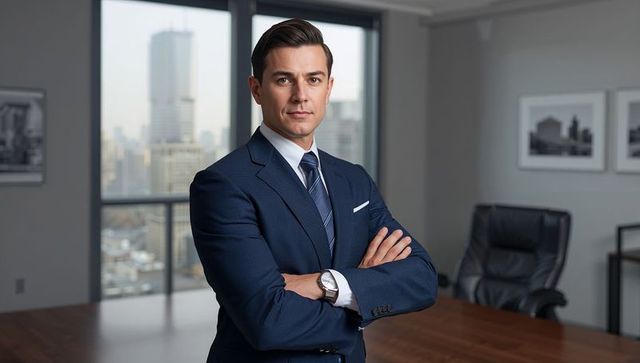 Confident executive standing arms crossed in navy suit in boardroom with city skyline