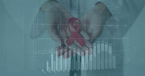 Medical Professional Displaying Red Ribbon and Data Graph Overlay