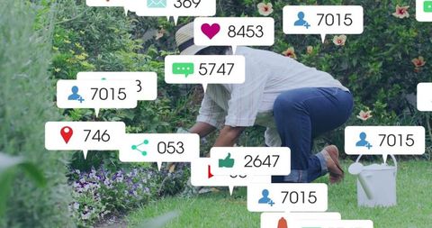 Senior woman kneeling tending flower bed wearing straw hat with social media icons