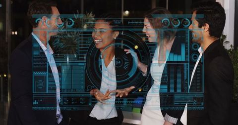 Digital Interface Overlay over Diverse Business Team Meeting