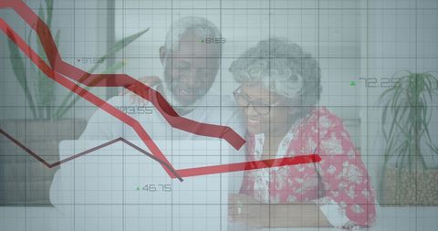 Senior Couple Managing Finances with Digital Data Overlay