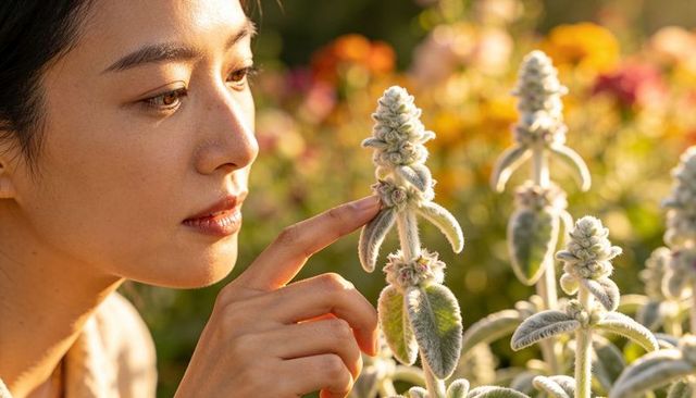 Contemplative woman touching lamb's ear plant at golden hour closeup with floral bokeh