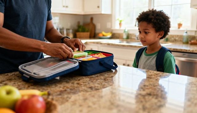 Parent packing healthy school lunch in navy insulated lunchbox on granite counter as child watches