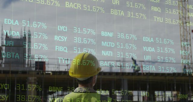 A construction worker in a yellow hard hat is looking at stock market data overlay on a transparent screen. Ideal for use in articles or presentations related to the intersection of the construction industry and financial markets, investment strategies, or economic analysis.
