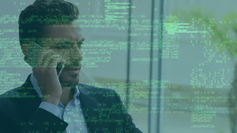 Businessman Multitasking with Smartphone and Digital Code Overlay