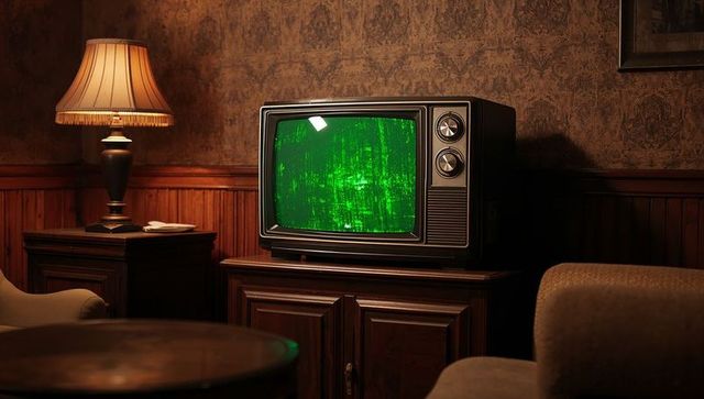 Retro CRT Television Emitting Green Static Glow in Midcentury Lounge with Wooden Cabinet