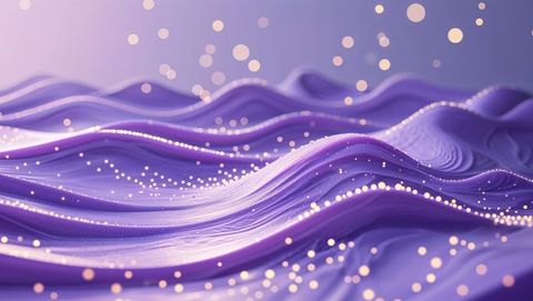 Digital art with futuristic purple waves and luminous glowing particles