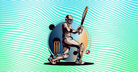 Swinging Cricket Batsman Hitting Ball with Wooden Bat in Vibrant Abstract Wave Background