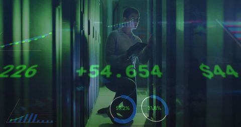 IT Engineer Analyzing Data in Server Room with Digital Graphics Overlay