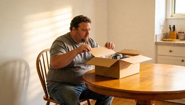Middle aged man unboxing camera at sunlit wooden dining table