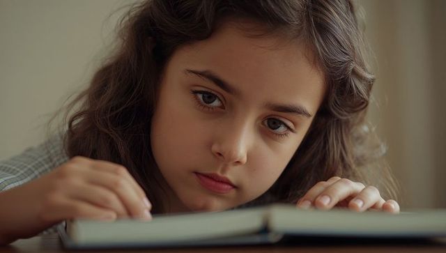 Young girl studying with open hardcover book, concentrating on reading