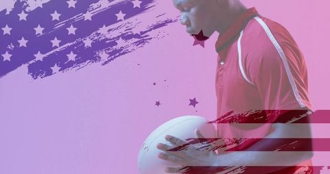 Young Athlete Holding Ball Artful Blend of Patriotism