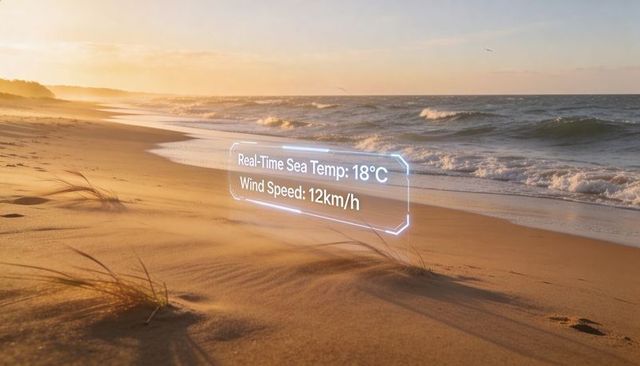 Holographic marine telemetry overlay showing real-time sea temperature 18°c and wind 12km/h