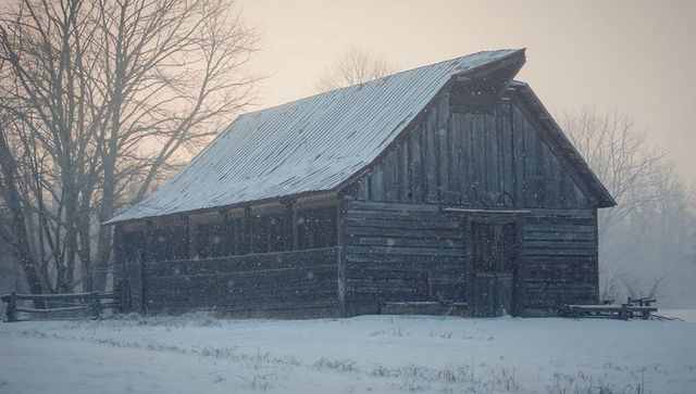 Snow-covered rustic barn at dusk in foggy meadow with corrugated roof and bare trees