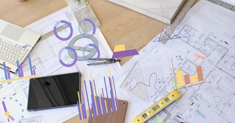 Architect's Desk with Tablet, Blueprints, and Design Tools
